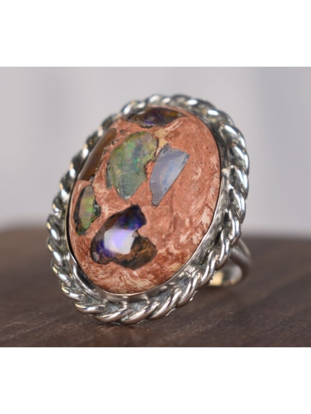 Vintage Boulder Matrix Opal Sterling Silver Rope Border Ring Southwestern